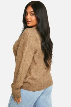 Jumpers|Jumpers & Cardigans*boohoo Plus V Neck Soft Knit Cable Jumper camel
