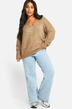Jumpers|Jumpers & Cardigans*boohoo Plus V Neck Soft Knit Cable Jumper camel