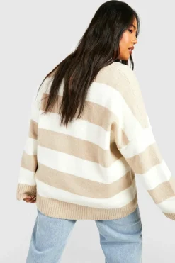 Up To 80% Off Winter Warmers*boohoo Plus V Neck Stripe Jumper stone
