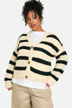 Cardigans*boohoo Plus V Neck Striped Cardigan oatmeal