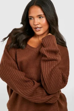Oversized Jumpers|Jumpers*boohoo Plus V Neck V Back Oversized Jumper brown