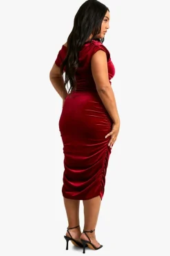 Midi Dresses*boohoo Plus Velvet Asymmetric Ruched Midi Dress berry