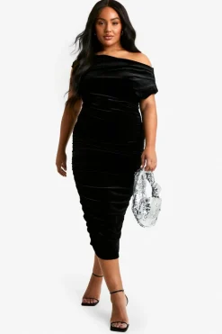 Midi Dresses*boohoo Plus Velvet Asymmetric Ruched Midi Dress black