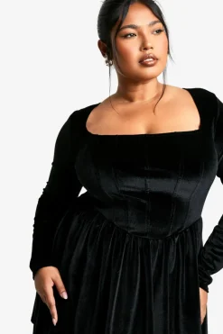 Skater Dresses*boohoo Plus Velvet Corset Detail Skater Dress black