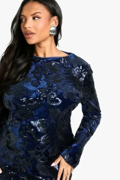 Bodycon Dresses|Mini Dresses*boohoo Plus Velvet Demask Bodycon Dress navy