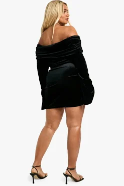 Wrap Dresses*boohoo Plus Velvet Off Shoulder Wrap Dress black