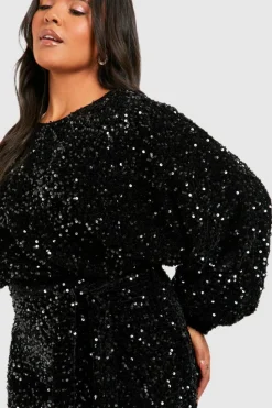 Bodycon Dresses|Midi Dresses*boohoo Plus Velvet Sequin Blouson Belted Midi Dress black