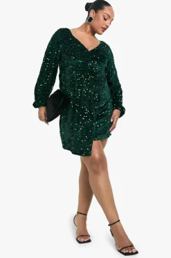 Skater Dresses*boohoo Plus Velvet Sequin Swing Dress emerald