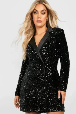 Blazer Dresses|Wrap Dresses*boohoo Plus Velvet Sequin Wrap Blazer Dress black
