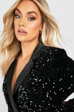 Blazer Dresses|Wrap Dresses*boohoo Plus Velvet Sequin Wrap Blazer Dress black