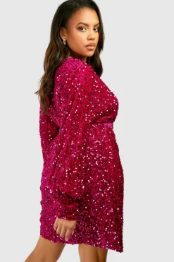 Wrap Dresses|Mini Dresses*boohoo Plus Velvet Sequin Wrap Dress raspberry