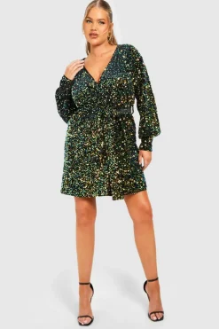 Wrap Dresses*boohoo Plus Velvet Sequin Wrap Dress green