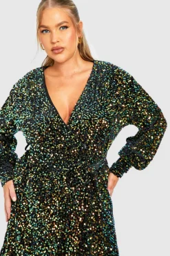 Wrap Dresses*boohoo Plus Velvet Sequin Wrap Dress green