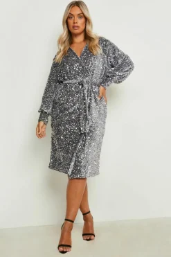 Wrap Dresses|Midi Dresses*boohoo Plus Velvet Sequin Wrap Midi Dress silver