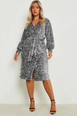 Wrap Dresses|Midi Dresses*boohoo Plus Velvet Sequin Wrap Midi Dress silver