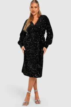 Wrap Dresses|Midi Dresses*boohoo Plus Velvet Sequin Wrap Midi Dress black