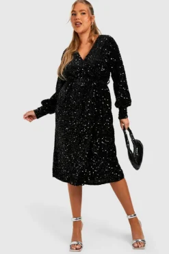 Wrap Dresses|Midi Dresses*boohoo Plus Velvet Sequin Wrap Midi Dress black