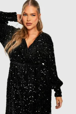 Wrap Dresses|Midi Dresses*boohoo Plus Velvet Sequin Wrap Midi Dress black