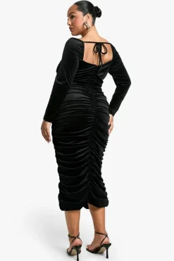Midi Dresses|Long Sleeve Dresses*boohoo Plus Velvet Sheer Detailed Long Sleeve Midi Dress black