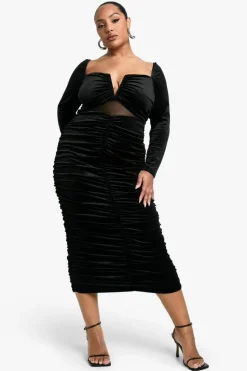 Midi Dresses|Long Sleeve Dresses*boohoo Plus Velvet Sheer Detailed Long Sleeve Midi Dress black