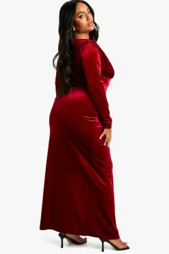 Wrap Dresses|Maxi Dresses*boohoo Plus Velvet Wrap Ruched Wrap Maxi Dress berry