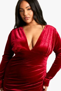 Wrap Dresses|Maxi Dresses*boohoo Plus Velvet Wrap Ruched Wrap Maxi Dress berry