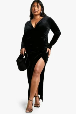 Wrap Dresses*boohoo Plus Velvet Wrap Ruched Wrap Maxi Dress black