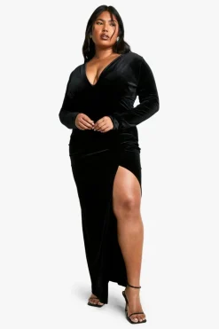 Wrap Dresses*boohoo Plus Velvet Wrap Ruched Wrap Maxi Dress black