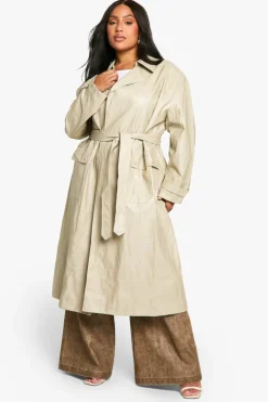 Up To 80% Off Winter Warmers|Trench Coats*boohoo Plus Vintage Look Faux Leather Trench Coat stone