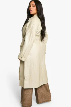 Up To 80% Off Winter Warmers|Trench Coats*boohoo Plus Vintage Look Faux Leather Trench Coat stone