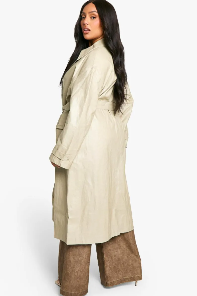 Up To 80% Off Winter Warmers|Trench Coats*boohoo Plus Vintage Look Faux Leather Trench Coat stone