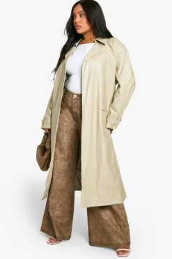 Up To 80% Off Winter Warmers|Trench Coats*boohoo Plus Vintage Look Faux Leather Trench Coat stone