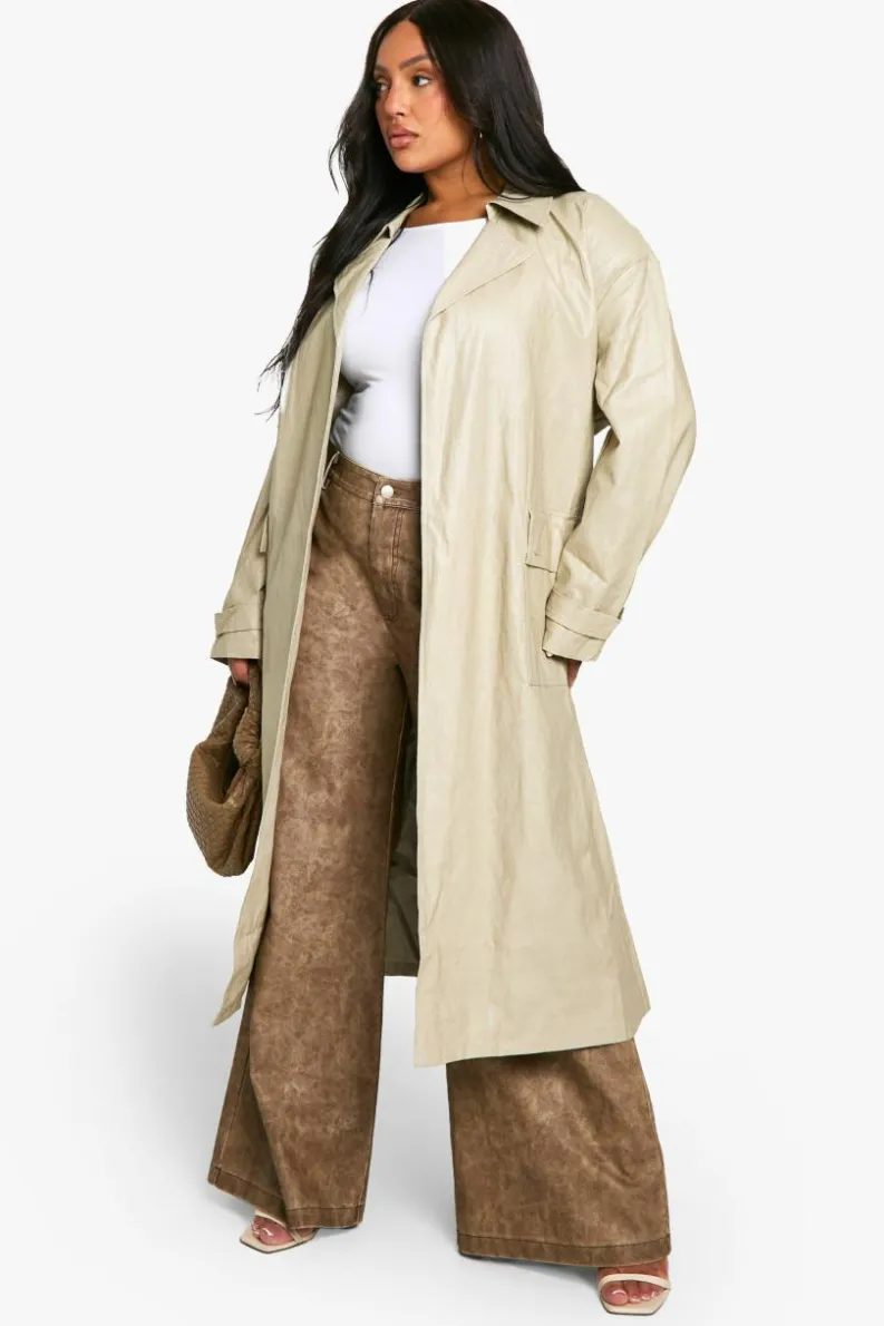 Up To 80% Off Winter Warmers|Trench Coats*boohoo Plus Vintage Look Faux Leather Trench Coat stone