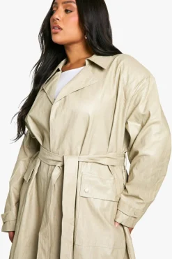 Up To 80% Off Winter Warmers|Trench Coats*boohoo Plus Vintage Look Faux Leather Trench Coat stone
