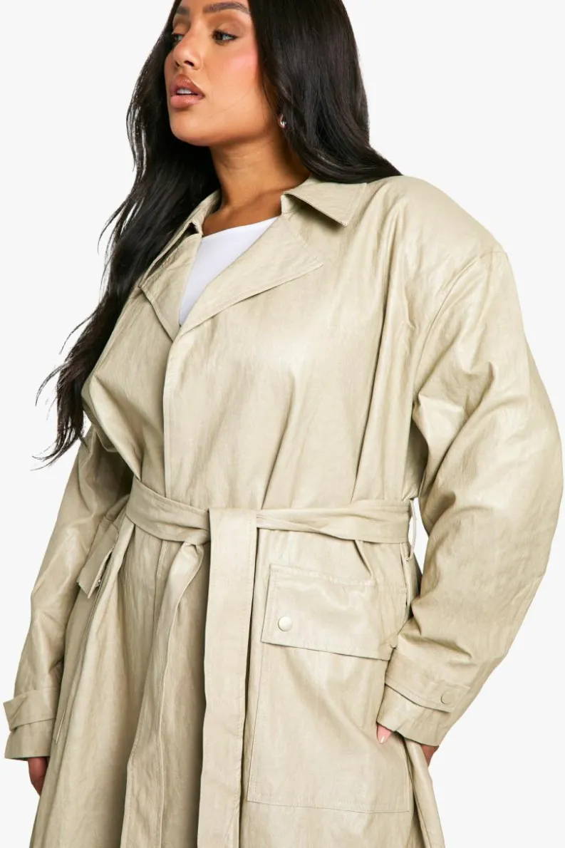 Up To 80% Off Winter Warmers|Trench Coats*boohoo Plus Vintage Look Faux Leather Trench Coat stone