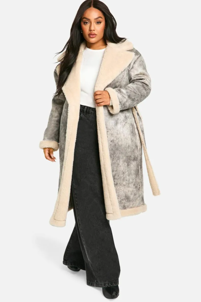 Up To 80% Off Winter Warmers|Aviator Jackets*boohoo Plus Vintage Look Longline Belted Aviator Jacket grey