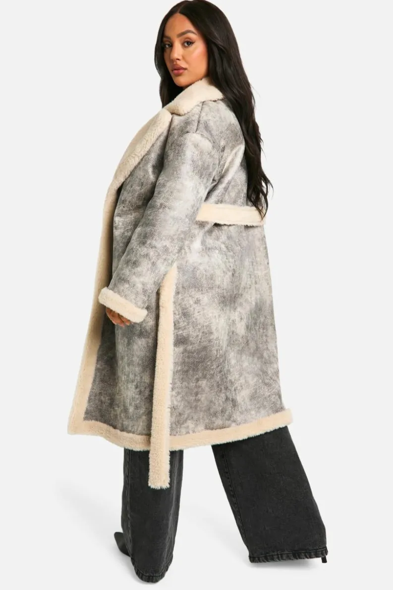 Up To 80% Off Winter Warmers|Aviator Jackets*boohoo Plus Vintage Look Longline Belted Aviator Jacket grey