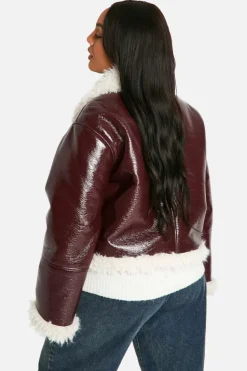 Up To 80% Off Winter Warmers|Aviator Jackets*boohoo Plus Vinyl Faux Fur Trim Jacket burgundy