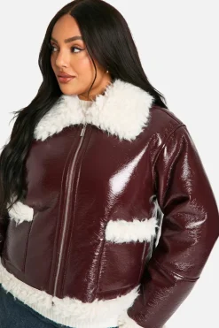 Up To 80% Off Winter Warmers|Aviator Jackets*boohoo Plus Vinyl Faux Fur Trim Jacket burgundy