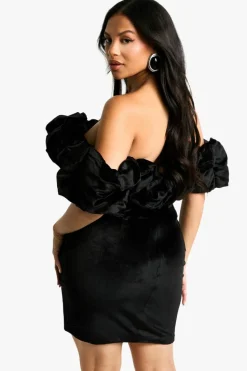 Bodycon Dresses|Mini Dresses*boohoo Plus Volume Off The Shoulder Velvet Mini Dress black