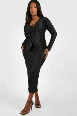 Wrap Dresses*boohoo Plus Wave Plisse Wrap Midaxi Dress black