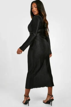 Wrap Dresses*boohoo Plus Wave Plisse Wrap Midaxi Dress black