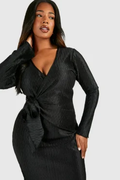 Wrap Dresses*boohoo Plus Wave Plisse Wrap Midaxi Dress black