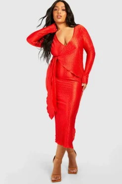 Wrap Dresses*boohoo Plus Wave Plisse Wrap Midaxi Dress burnt orange