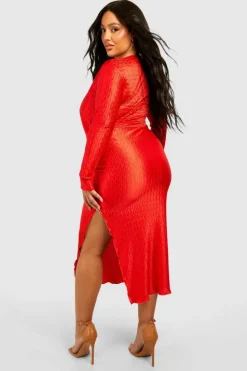 Wrap Dresses*boohoo Plus Wave Plisse Wrap Midaxi Dress burnt orange