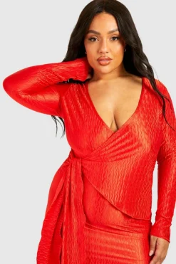 Wrap Dresses*boohoo Plus Wave Plisse Wrap Midaxi Dress burnt orange