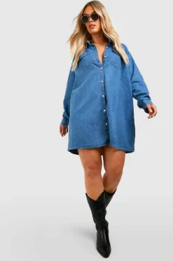 Shirt Dresses|Mini Dresses*boohoo Plus Western Denim Shirt Dress stonewash