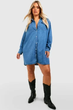 Shirt Dresses|Mini Dresses*boohoo Plus Western Denim Shirt Dress stonewash