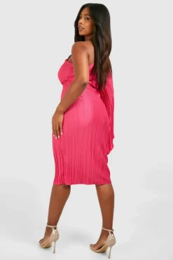 Midi Dresses*boohoo Plus Wide Plisse Cape Sleeve Detail Midi Column Dress hot pink