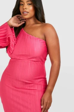 Midi Dresses*boohoo Plus Wide Plisse Cape Sleeve Detail Midi Column Dress hot pink